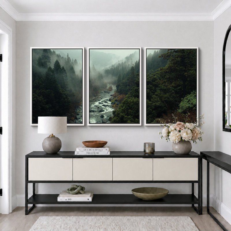 "Misty Forest Landscape", "Hazy Moody Dark Green River Nature", Tranquil Panoramic Modern Rustic Woodland Wall Art