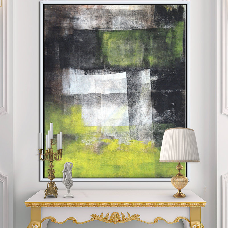 Gris et jaune/bleu abstrait II-reproduction d’art sur toile, H 20 po x l 12 po x P 1po, Cadre flottant blanc