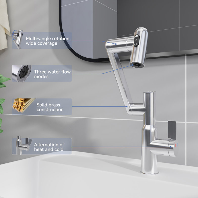 Bathroom sink mixer with spray function and temperature display for non-slip switch and hot/cold and 360° swivel, Chrome