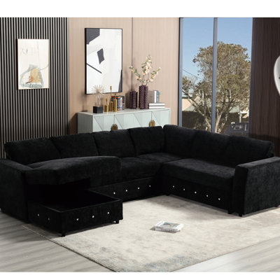 Oversized U Shaped Couch With Ample Storage Function, 107.55", Chenille Fabric, Crystal Button, , Black For Home 107.55" Sectional Copious Storage, Upholstery, Upholstered Couch, Button Accentuation,