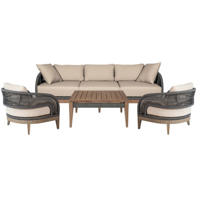 Hareton Patio 4 Piece Conversation Set in Eucalyptus Wood, Gray Rope, and Taupe Olefin Cushions by Joss & Main