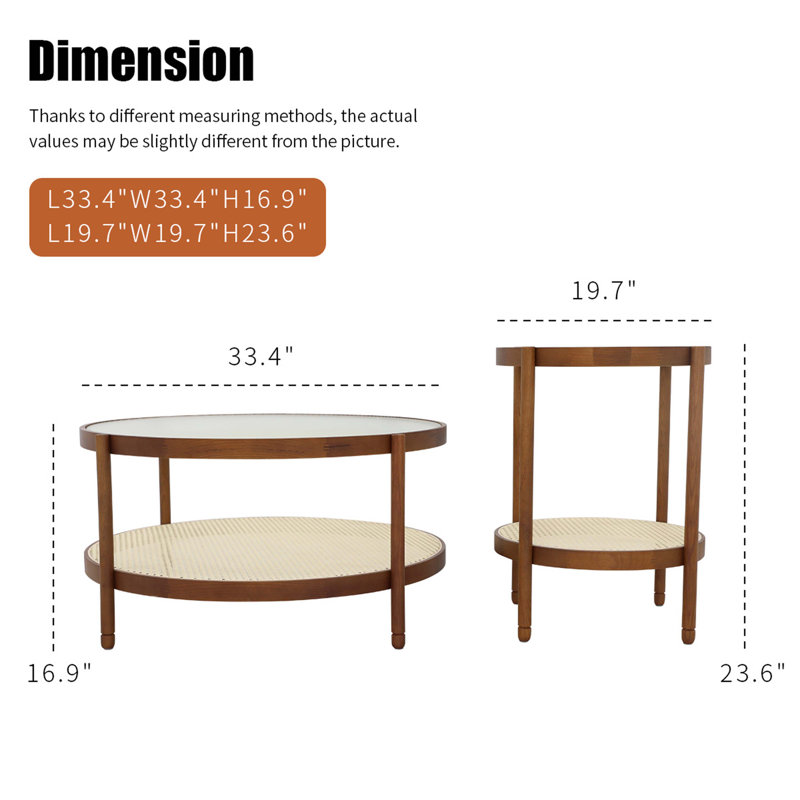 Brown Wooden and Rattan Nesting Coffee Table Set