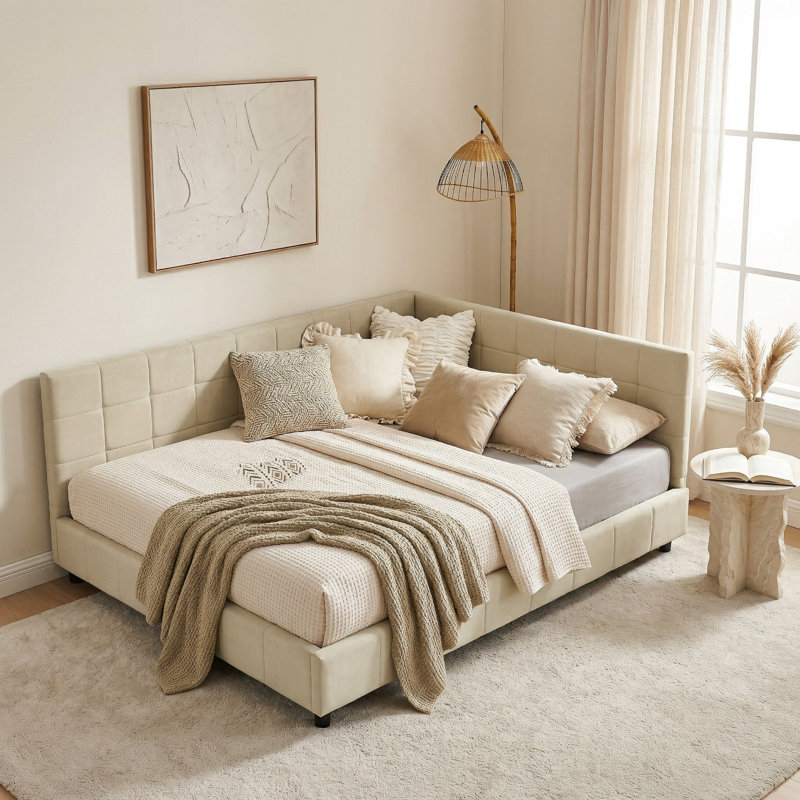 Modern Upholstered Daybed with Channel-Tufted Backrest, queen Size, Beige