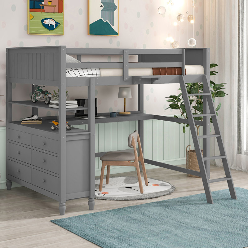 Lit mezzanine double en bois avec tiroirs, Gris