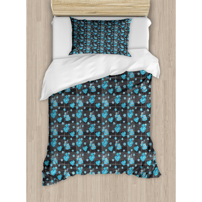 Ambesonne Flower Duvet Cover Set, Blue Blossoms on Grid, Twin, Charcoal Grey Yellow -  nev_54816_twin