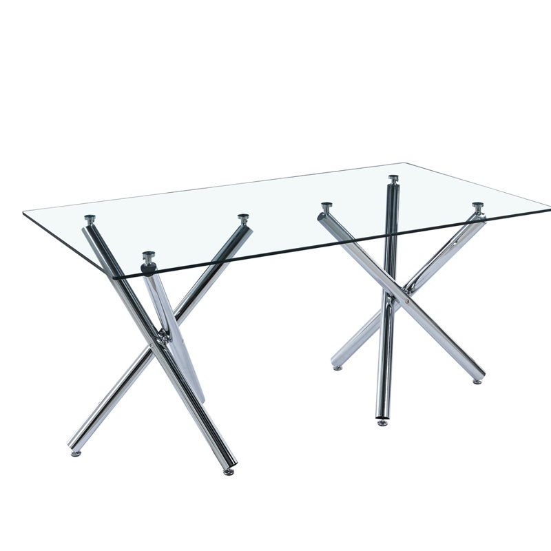 Table de salle à manger rectangulaire en verre trempé avec base double en acier inoxydable, design d'intérieur de salle à manger moderne, pour 6 personnes