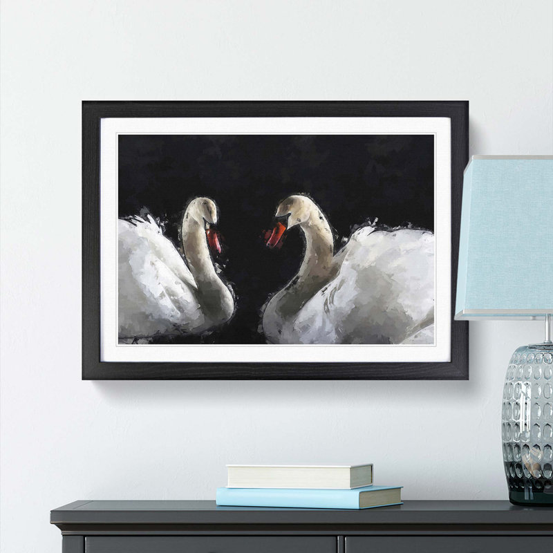A Pair of White Swans in Abstract - Picture Frame Painting Print, Black Framed, 62cm H x 87cm W x 2cm D