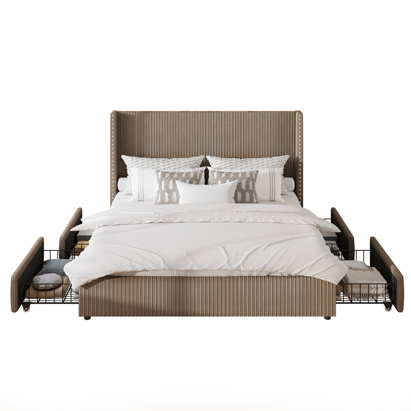 Brown Corduroy Upholstered Queen Bed Frame with Storage Drawers