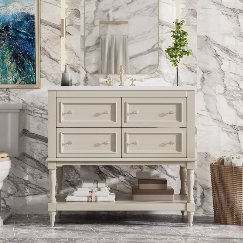 Ensemble de meuble-lavabo 36 po avec ensemble de meuble-lavabo, lavabo en céramique encastré, ensemble de meuble-lavabo autoportant avec 4 tiroirs, armoire de salle de bain avec cadre en bois massif, beige