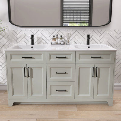 Ensemble de meuble-lavabo autoportant classique en bois massif avec lavabo double 60 po
