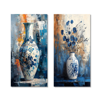 Blue and Orange Contemporary Boho Pottery I – Scenic Metal Wall Art Print Set of 2
