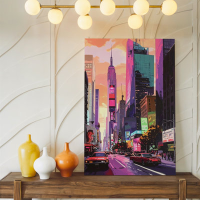 Retro Futuristic Urban Neon Cityscape With Vintage Cars And Skyscrapers Wall Art Canvas Ready To Hang Gallery Wrapped Home Decor Decor