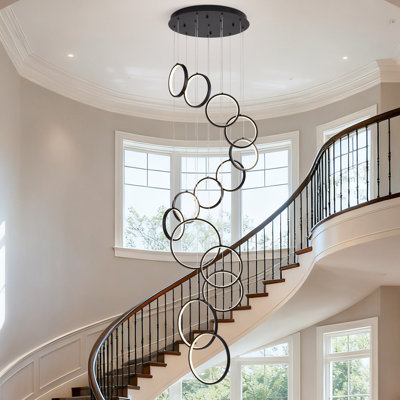 14 Rings Modern Led Chandelier, Long Staircase Chandelier For High Ceiling, Dimmable Black Foyer Chandelier Long Pendant Light Fixture For Dining Room Living Room Entryway