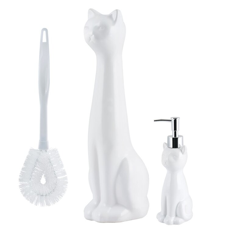 Allure Home Creations Ceramic Cat Bowl Toilet Brush Holder and Lotion Pump - White - Brush Included - 3PC Set