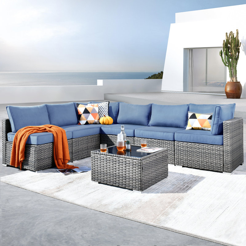 Lava 7 Piece Rattan Sectional Seating Group With Cushions, Denim Blue