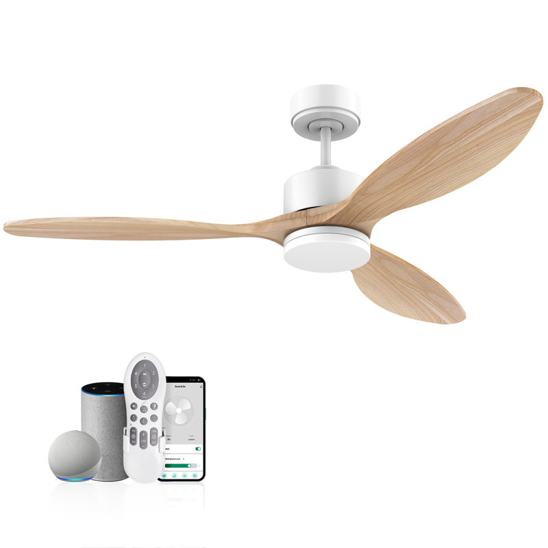 Ventilateur de plafond en bois intelligent à 3 pales de 52 po avec lumière DEL et télécommande, compatible avec Alexa / Google, moteur à courant continu silencieux, à intensité variable