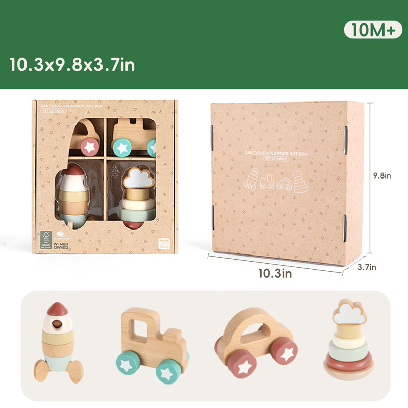 Freniland - Vehicle Adventure Gift Set for Babies 10+ Months,4-in-1 Wooden Stacker, Train, Rocket,Car