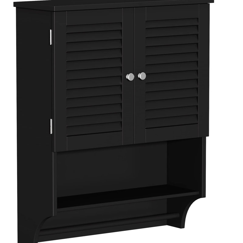 Armoire de salle de bain murale noire avec portes à persiennes, tablette ouverte pour trouver facilement des bouteilles de shampooing, tablettes réglables pour différents articles triés et barre à serviettes, fabriquée avec des tablettes,