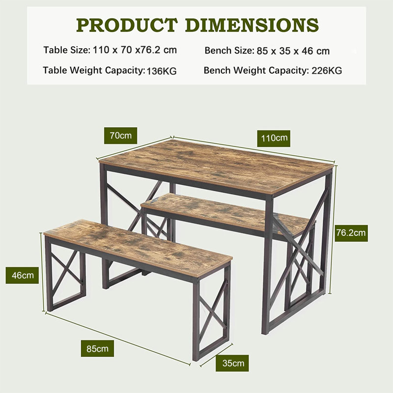 3-Pieces Dining Table Set, Rectangle Dinette With 2 Benches, Metal Frame For Dining Room, Living Room, Brown