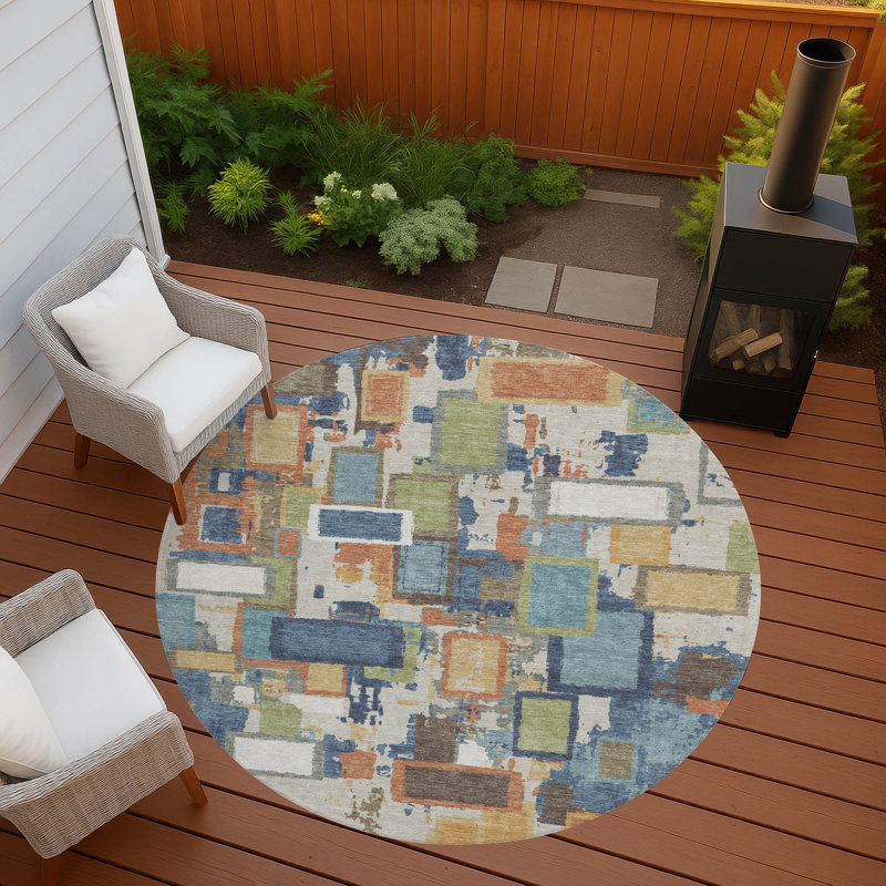 Machine Washable Indoor/Outdoor Gursevak ACN2246 Geometric Rug, Round 8'