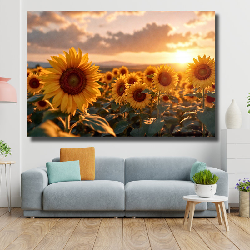 Art mural en verre trempé champ de tournesol, H 16 po x l 20 po
