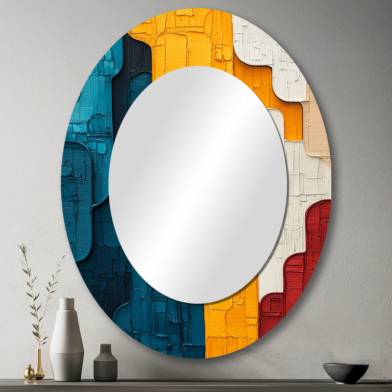 Urban Jazz transitionnel bleu et jaune collage I - miroir décoratif ovale abstrait sur métal, 43 po x 33 po
