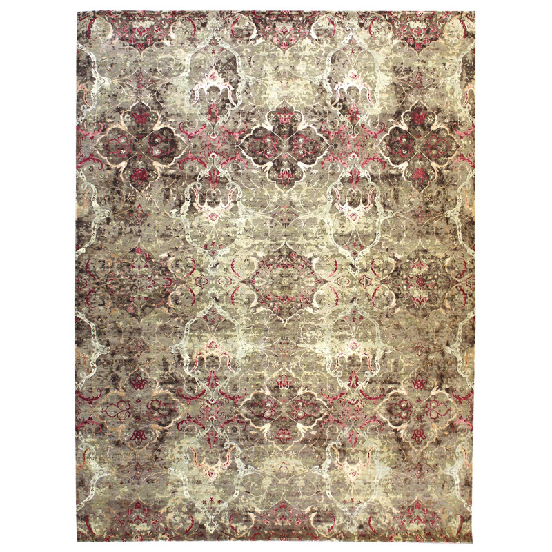 Tapis beige nouvel âge en laine noué à la main de conception unique 9 pi x 12 pi 4 po Heena