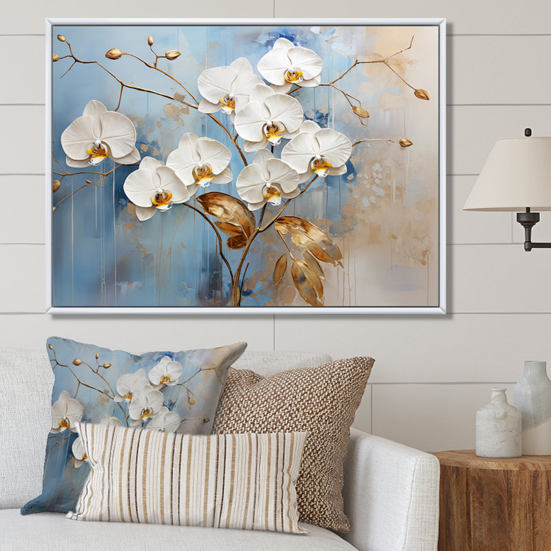 Orchidées beiges et dorées Simplicity III sur toile, Cadre naturel flottant, H 30 po x l 40 po x P 1,5 po