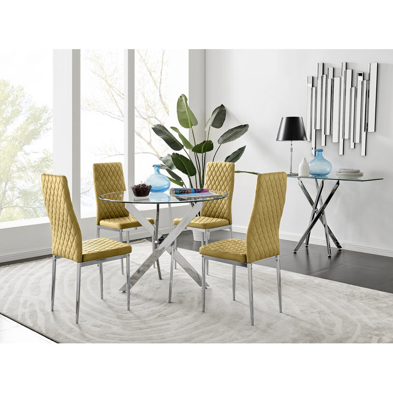 Bernell Modern Chrome Metal & Glass Round Dining Table Set with 4 Quilted Velvet Chairs, Silver, 75 x 100 x 100cm