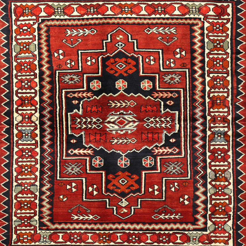 Tapis traditionnel noir / rouge / beige, Carré 7 pi