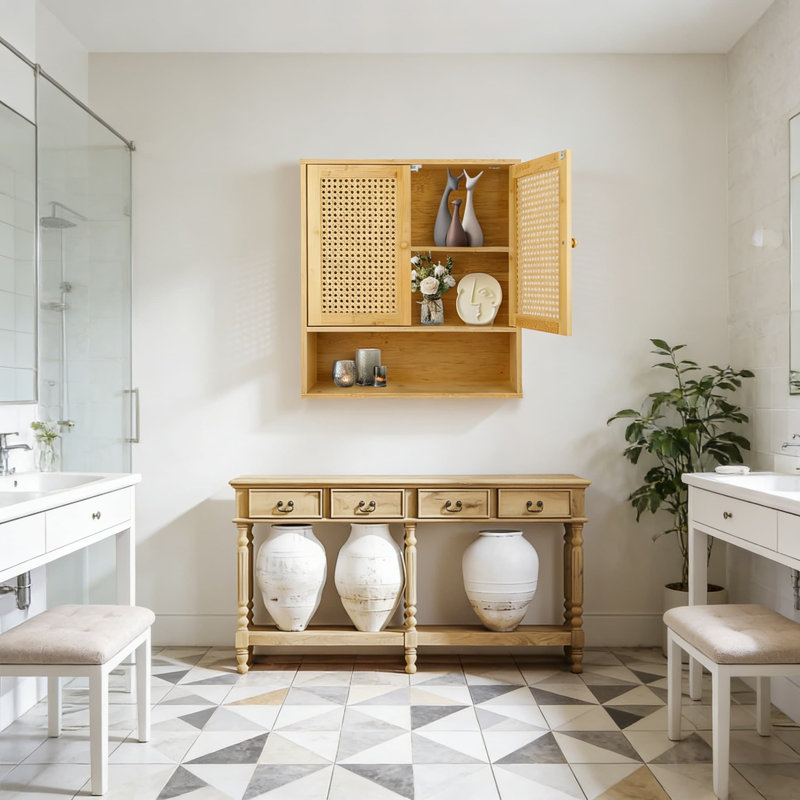 Armoire murale en bambou en rotin, tablettes réglables et portes pour le rangement de petits espaces
