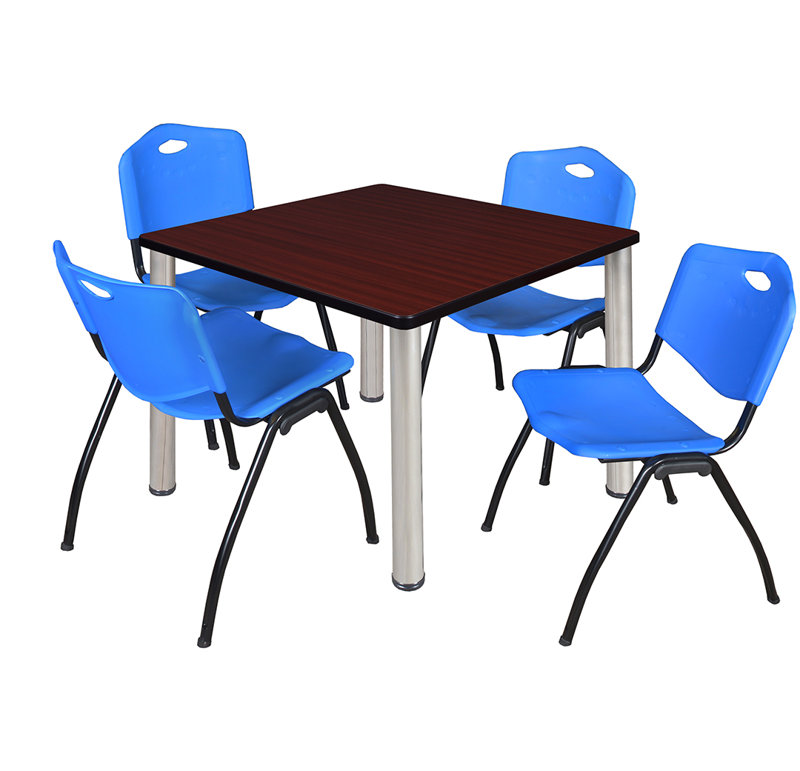 Plateau de table Kee Square, 4 chaises empilables, Chrome, Bleu, 30" W x 30" D
