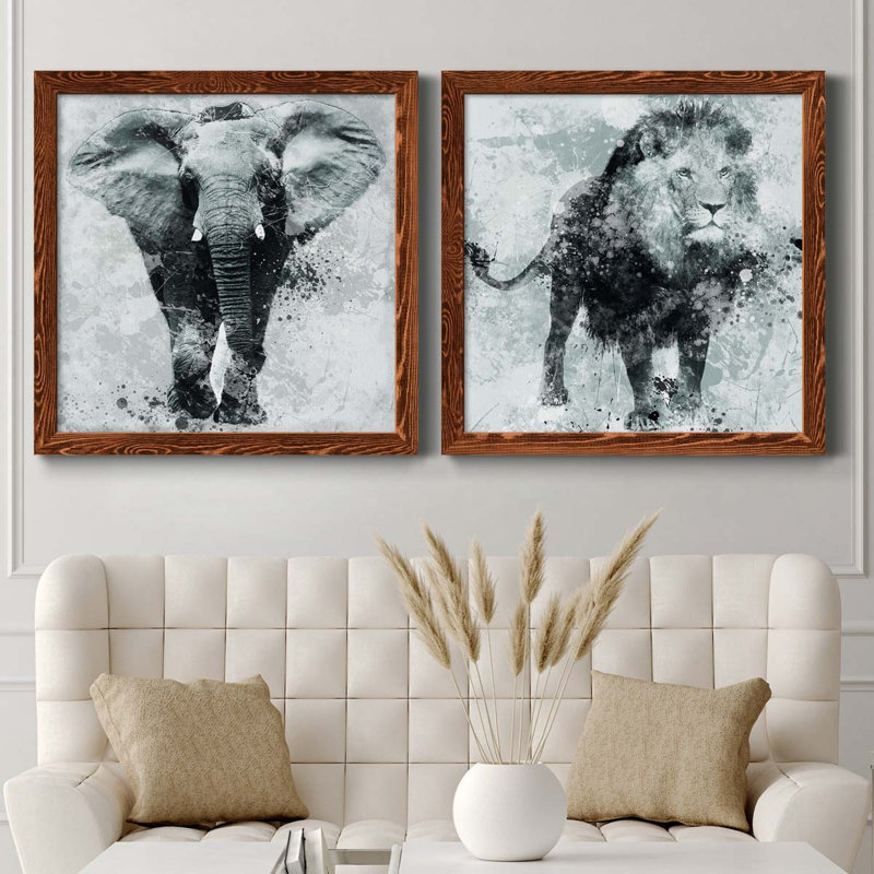 Proud Elephant - ensemble de 2 peintures sur toile encadrées, H 27,5 po x l 55 po x P 1,5 po, Cadre en érable