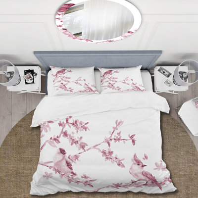 Magnifiques oiseaux roses - ensemble de housse de couette traditionnel - microfibre de polyester