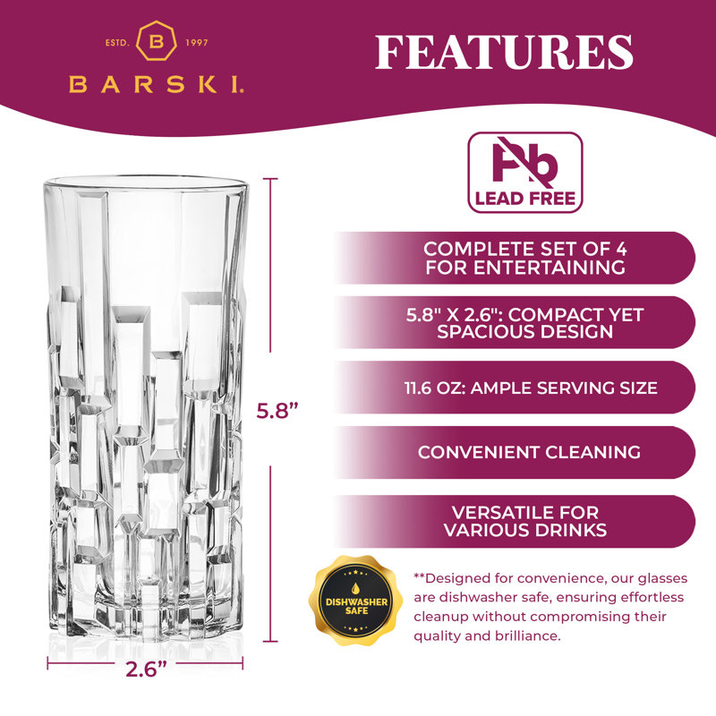 European Crafted Clear Glass Highball Tumblers Set of 4