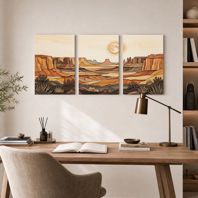 Ensemble de 3 toiles murales représentant un paysage de canyon désertique en bois superposé avec la lune, 18"H x 12"W x 3pcs