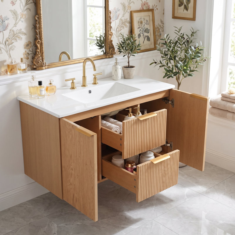 Meuble-lavabo mural 36 po avec lavabo simple, comptoir en céramique, armoire en panneau de fibres à densité moyenne, portes à fermeture en douceur et tiroirs divisés 36 po