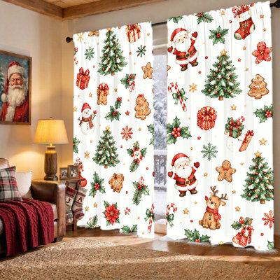 2Pcs Noël, père Noël, bonhomme de neige, renne, bonhomme en pain d'épice, rideaux à motif d'arbre de Noël, motif festif d'hiver, filtrage de la lumière, protection de la vie privée, conception à passe-tringle, lavable à la machine, convient au salon, à la chambre à coucher, aux enfants, à la décoration intérieure