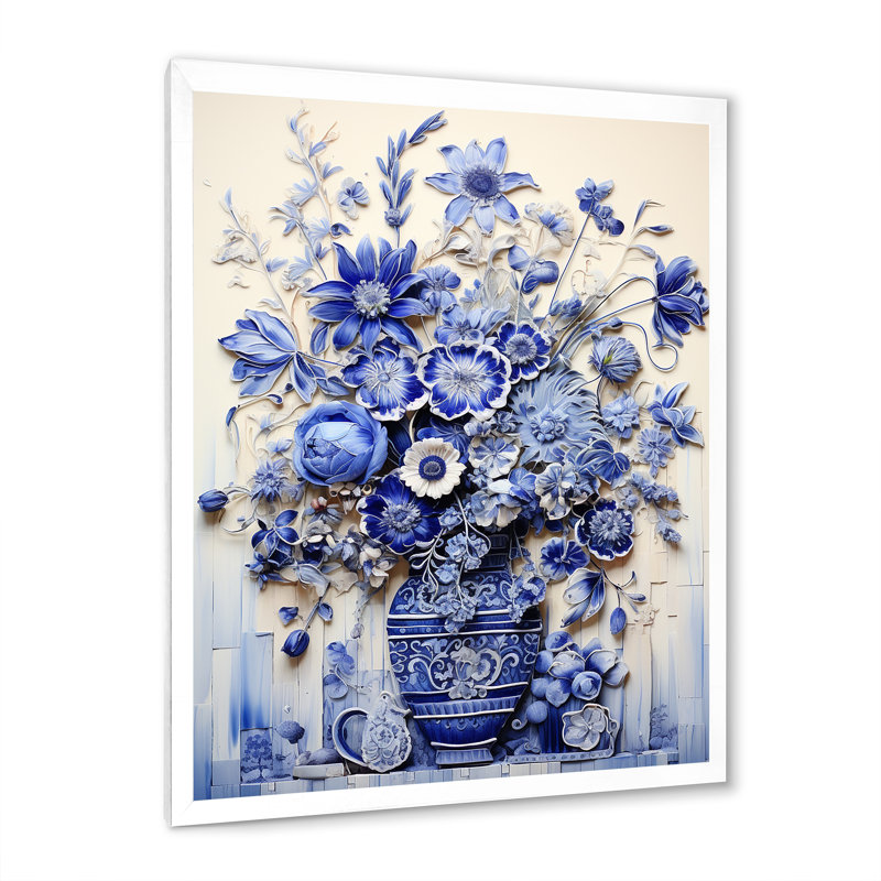 «Blue and White Boho plant Pottery II», impression sur toile Boho Pottery, H 32 po x l 24 po x P 1 po, Cadre simple blanc