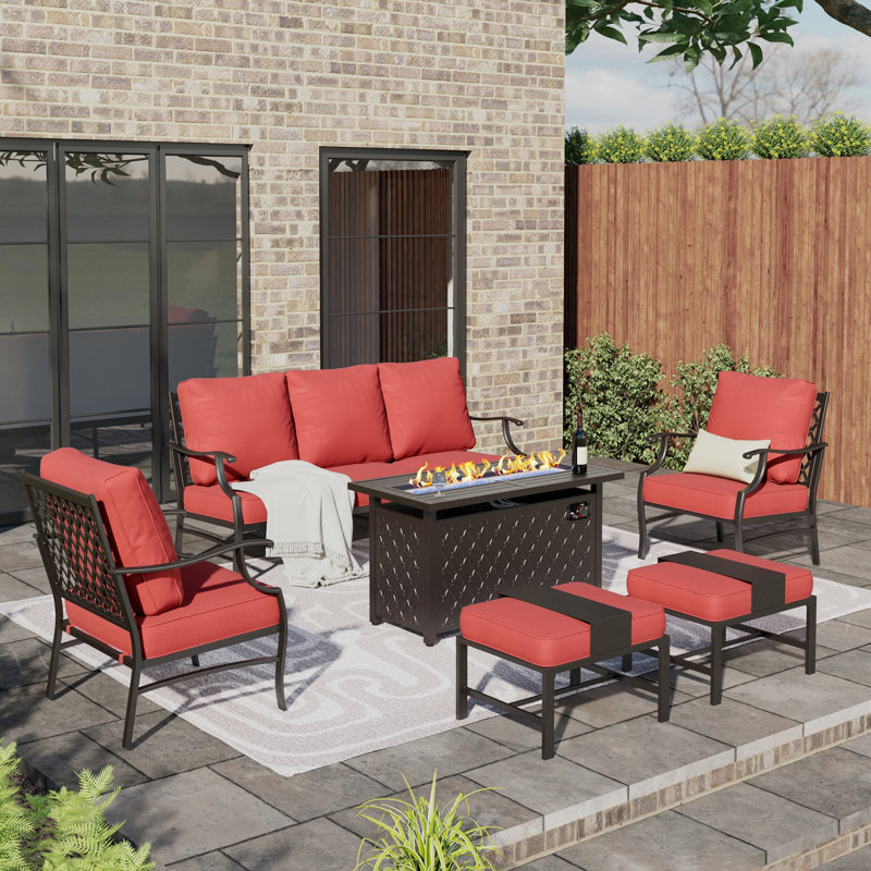 Asfand Outdoor Seating Group with Cushions, Red, Yes