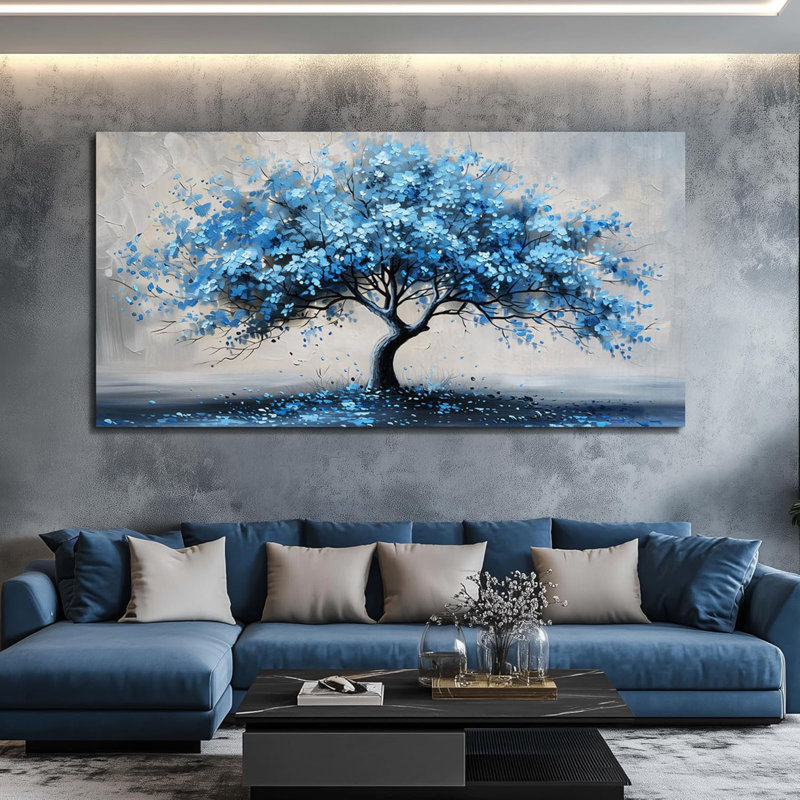 Wall Art For Living Room Large Wall Decor For Office Bedroom Wall Decorations Abstract Canvas Painting Blue Tree Pictures Artwork Ready To Hang Guesthouse Room Mural Home Decor 24X48 In