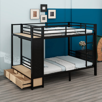 Lit superposé pour ados avec tablettes de rangement, tiroirs et rangement perforé