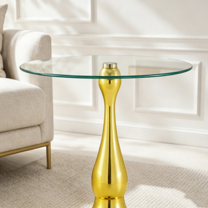 Table d'appoint en verre trempé avec base en métal or rose et design épuré, Doré, transparent