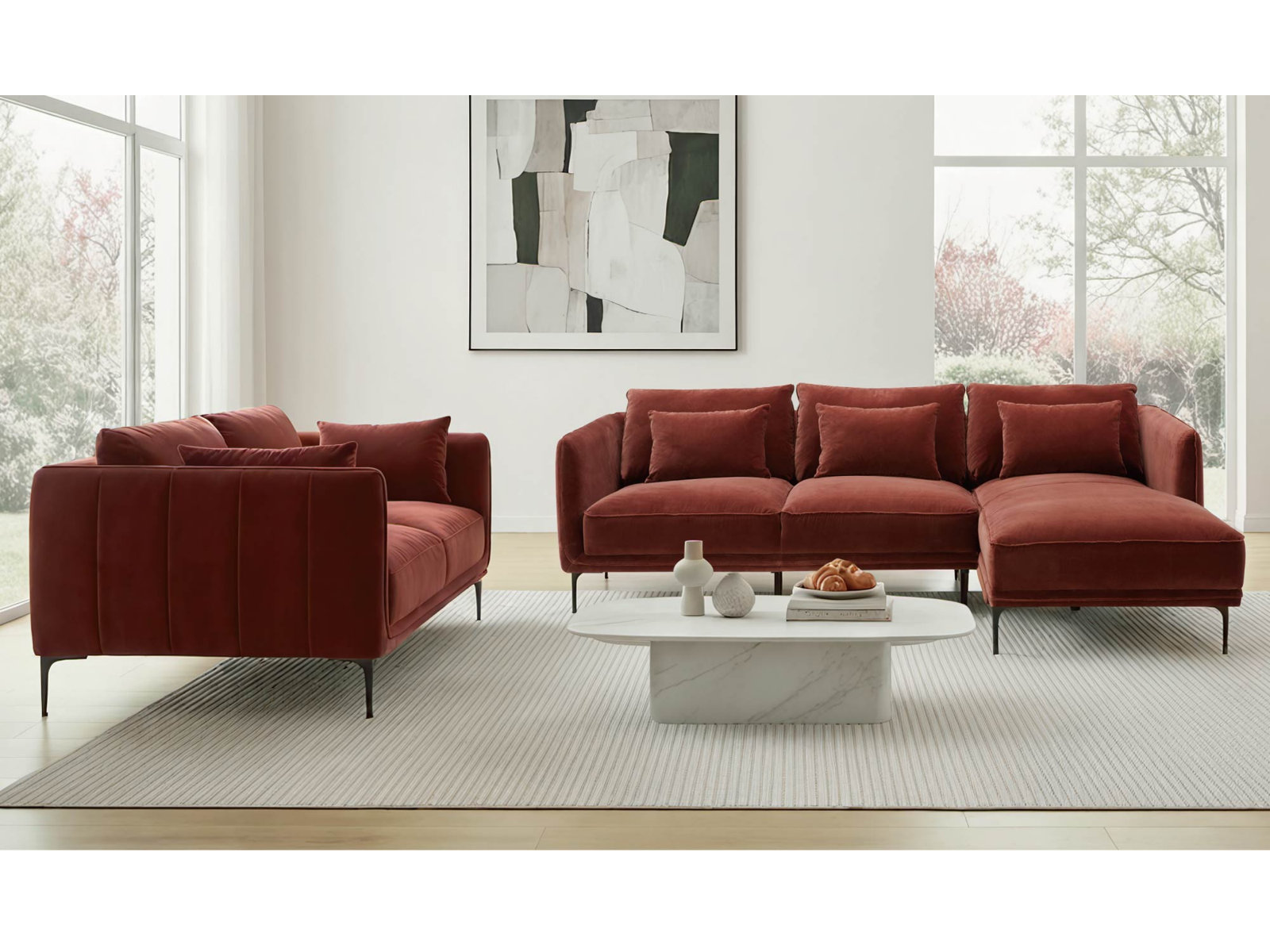 Rae 3 Piece Upholstered Living Room Set, Right Hand Facing, Falkirk Reddish Brown