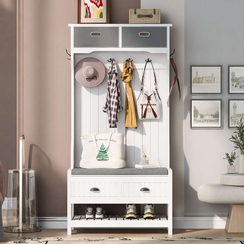 Arbre d'entrée multifonctionnel en MDF avec rangement et banc, design blanc moderne pour le vestibule