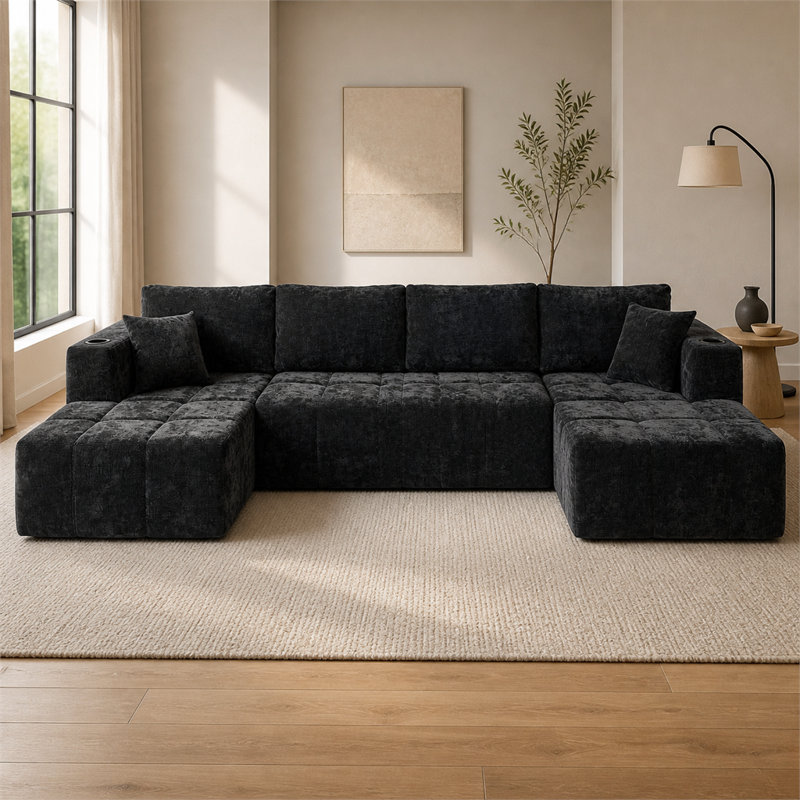 Canapé modulaire en chenille de 132 po en forme de U en noir, canapé désossé de style nuage avec salons, canapé rembourré moderne avec porte-gobelets et poches latérales, canapé à compression pour le salon, aucun assemblage requis