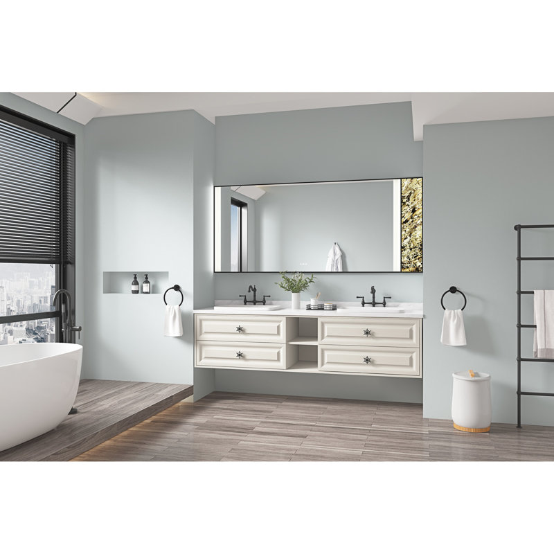 Meuble-lavabo à miroir 72 po x 36 po à DEL, mémoire de brouillard murale réglable, décoration de pierre naturelle et changement de meuble-lavabo durable, verre