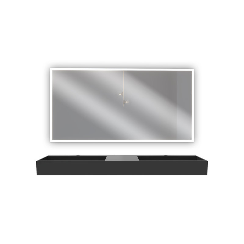 Juniper 60" Solid Surface Wall Mount Modern Minimalist Double Bathroom Sink and LED Mirror Set, Black
