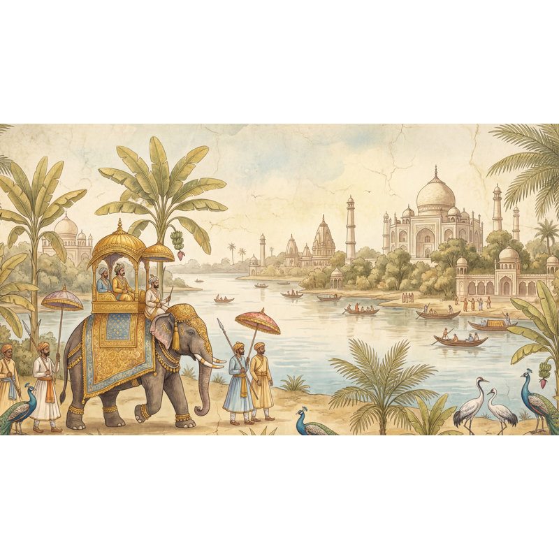 Éléphant, architecture murale Indien, 120" x 96", Peler et coller