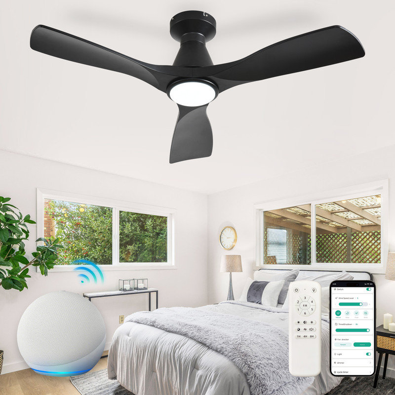 42 Inch Black Smart Flush Mount Ceiling Fan with Lights and Remote, 3 Blade Dimmable Indoor Outdoor Fan Work with Alexa Remote APP Ultra Quiet DC Motor Timer 6 Speeds